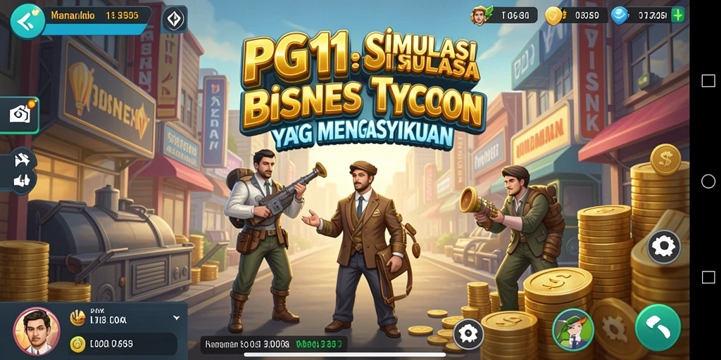 Tampilan gameplay PG11 yang menarik dengan berbagai elemen bisnis yang interaktif.