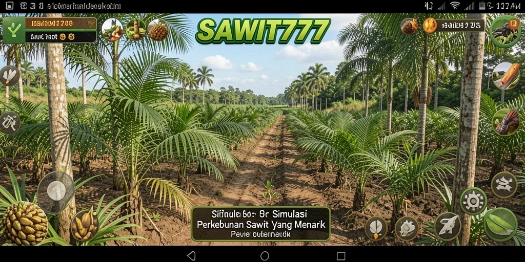 Tampilan gameplay <strong>SAWIT777</strong> yang menampilkan kebun sawit yang indah dan interaktif.