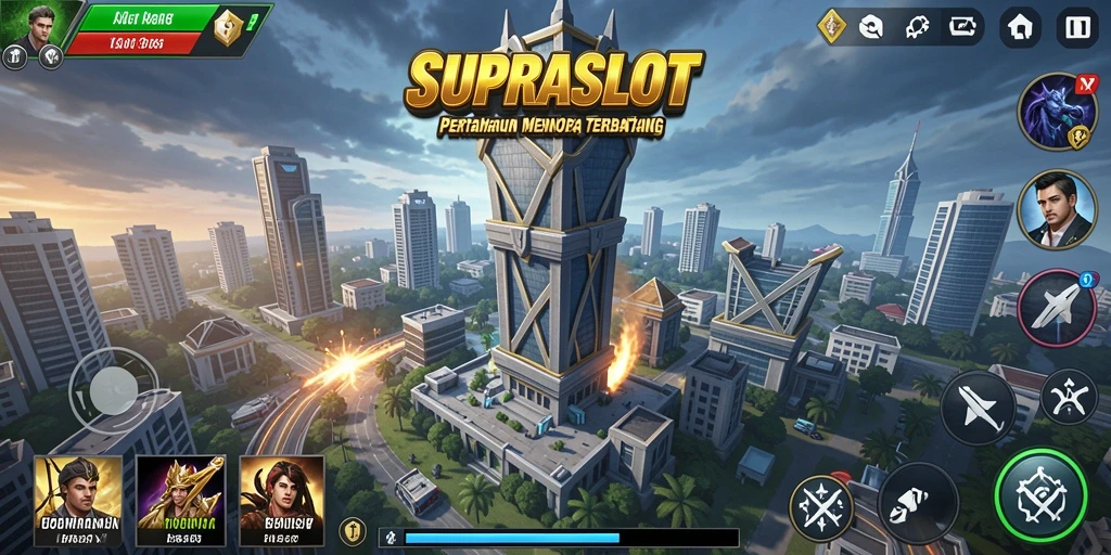 Screenshot gameplay <strong>SUPRASLOT</strong> menampilkan pertahanan menara yang epik dan visual yang memukau.